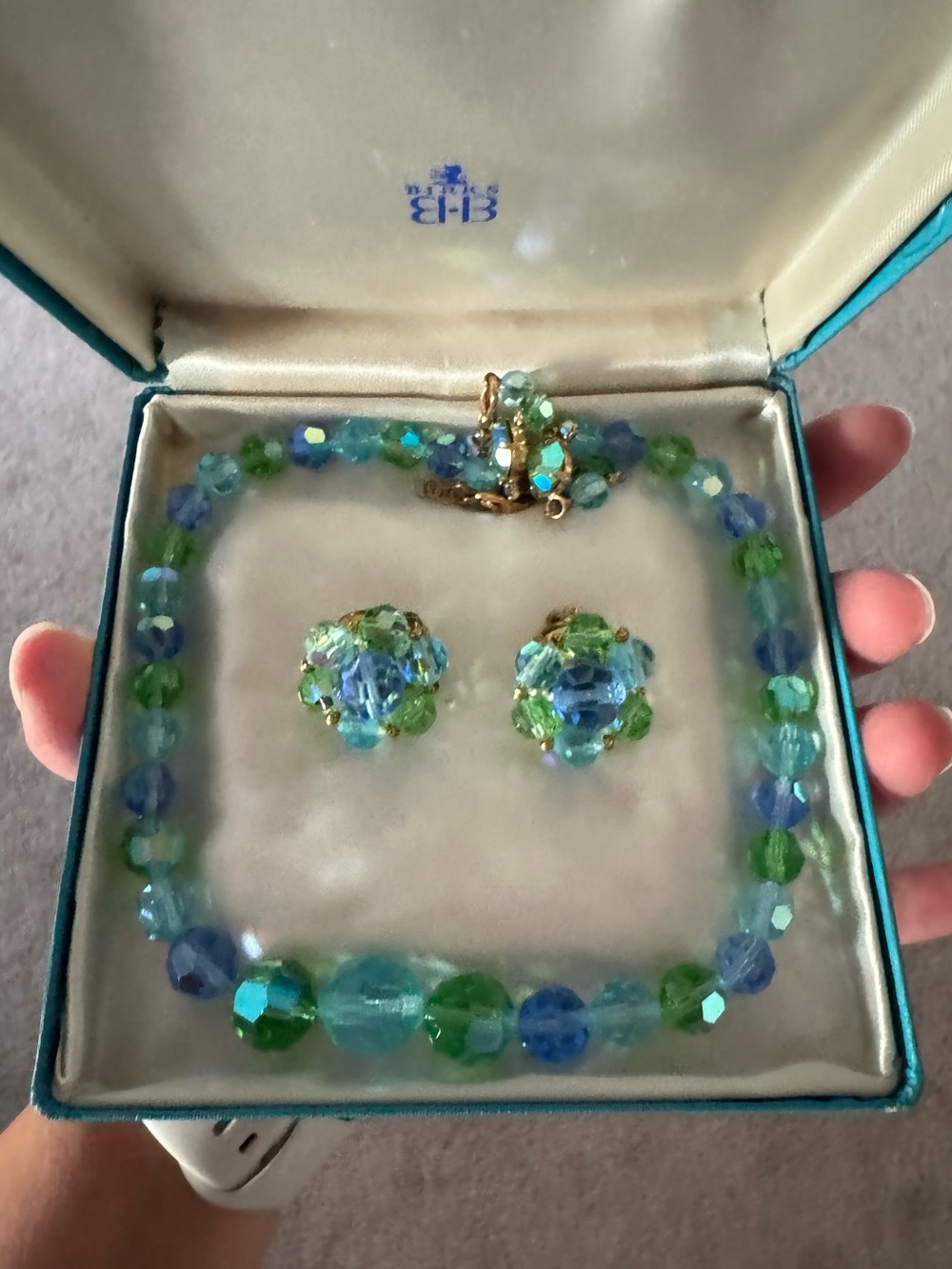 Birks Vintage Blue & Green Beaded Necklace and Clip-On Earrings Set